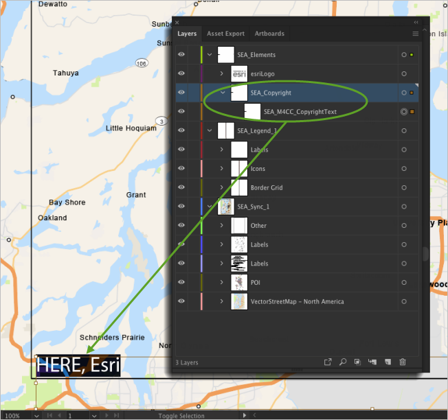 Artwork file with _Copyright layer highlighted in map and layers list Artwork file with _Copyright layer highlighted in map and layers list